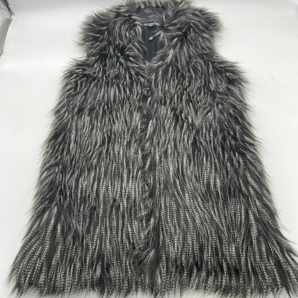 Adrianna Papell Faux Fur Vest Shawl Open Front Wrap Womens M Black Grey Knit